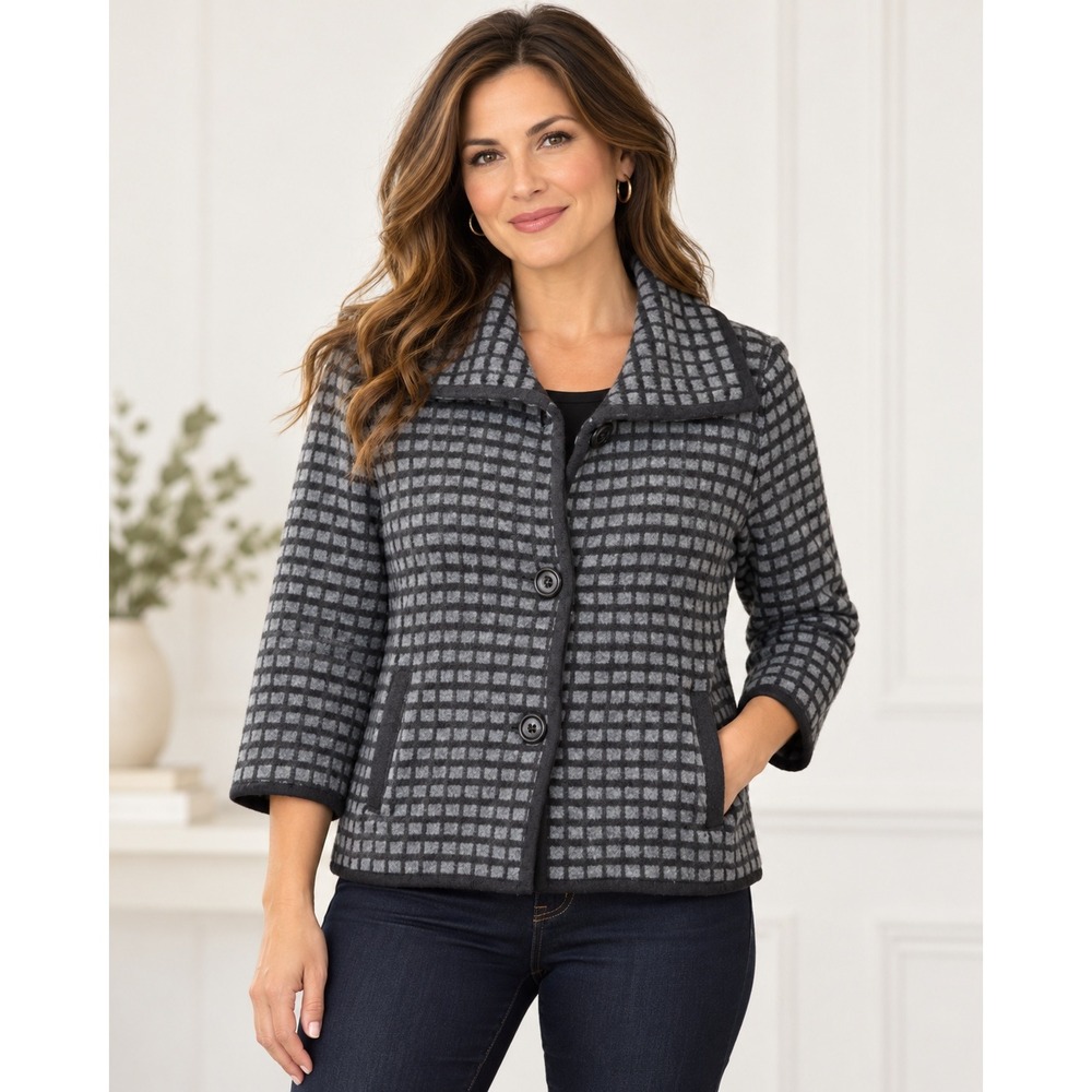 Jones‎ New York 100% Wool Cardigan Sweater Button Pockets Size Medium Black Gray